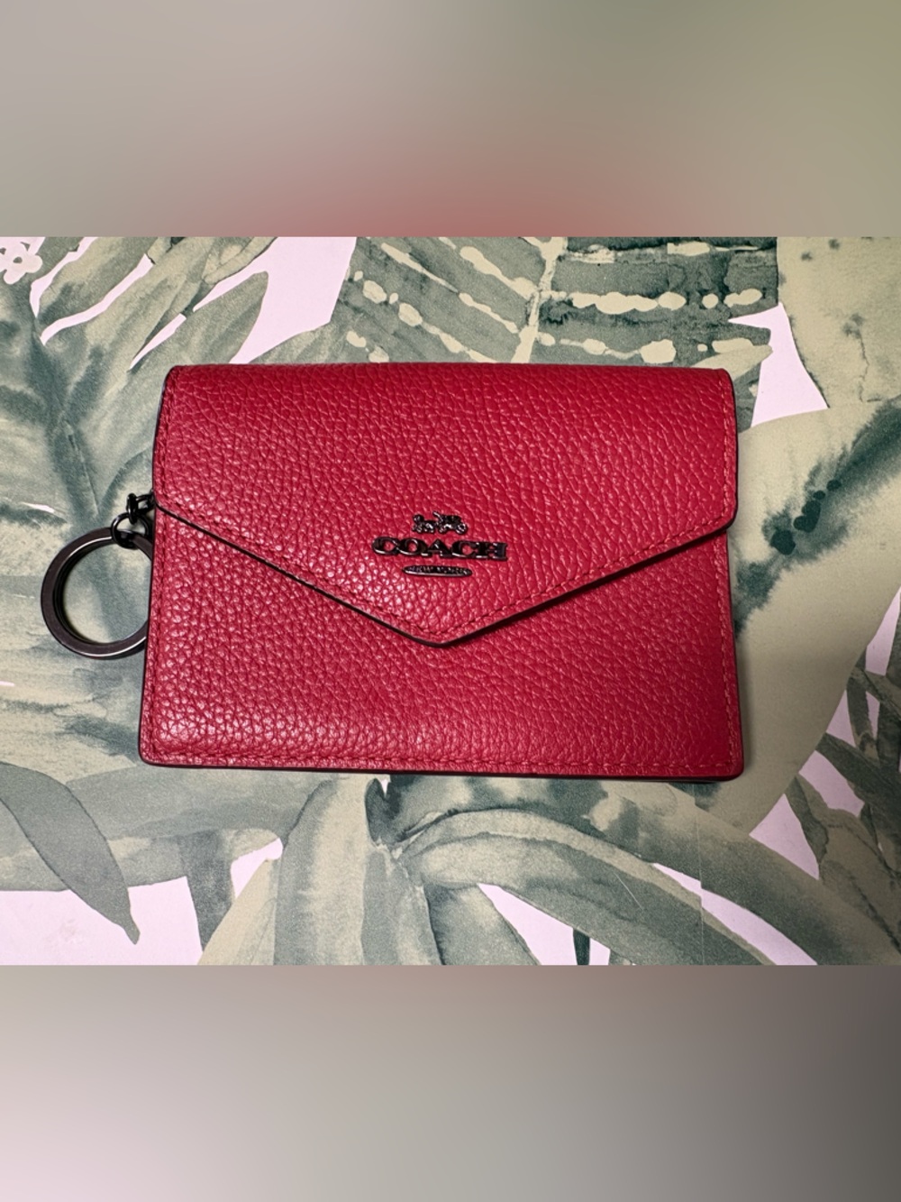 Coach Pebbled Leather Card Case in Raspberry Pink with Gunmetal Ring